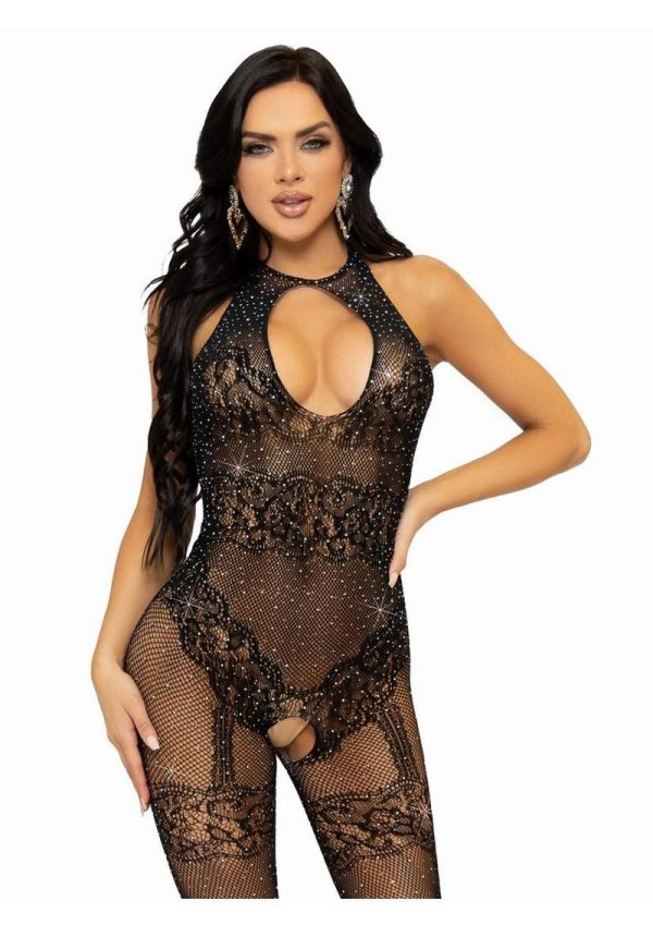 Leg Avenue Seamless Rhinestone Fishnet Bodystocking with Keyhole and Lace Lingerie Detail - OS - Black
