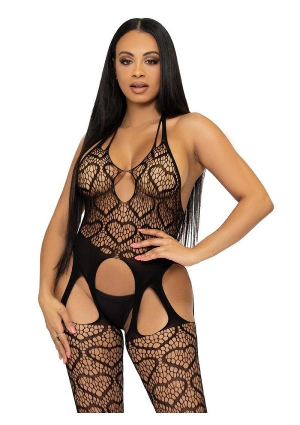 Leg Avenue Seamless Heart Net Suspender Bodystocking - OS - Black