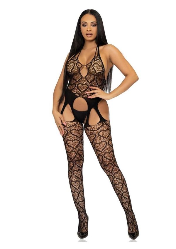 Leg Avenue Seamless Heart Net Suspender Bodystocking - OS - Black