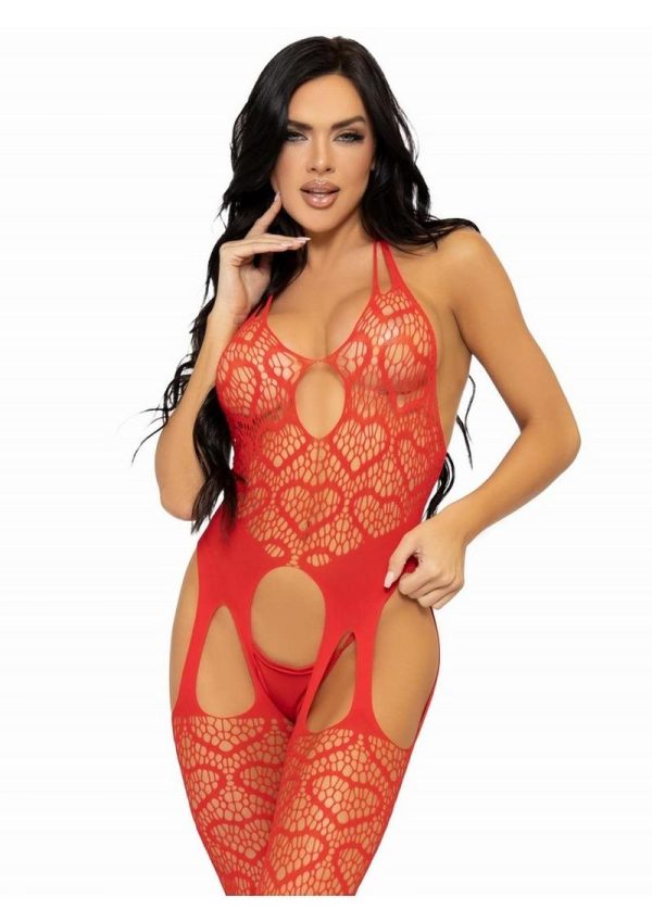Leg Avenue Seamless Heart Net Suspender Bodystocking - OS - Red
