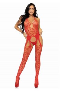 Leg Avenue Seamless Heart Net Suspender Bodystocking - OS - Red