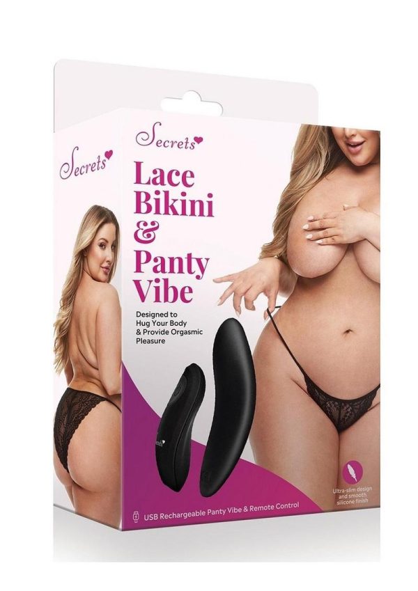 Secrets Lace Panty and Rechargeable Panty Vibe with Remote Control - Queen - Black