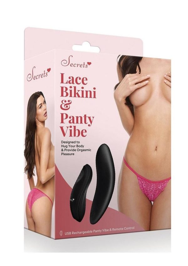 Secrets Lace Panty and Rechargeable Panty Vibe with Remote Control - OS - Pink