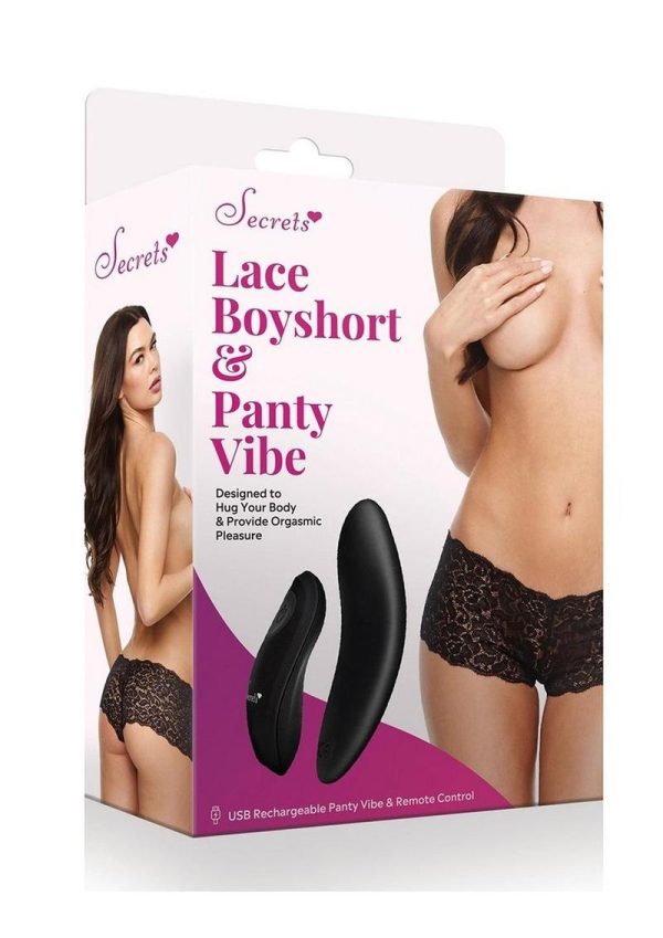 Secrets Lace Boyshort and Rechargeable Panty Vibe with Remote Control - OS - Black