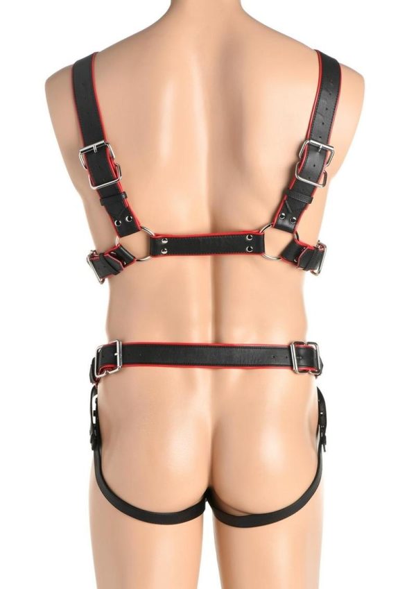 Master Series Heather`s Harness Male Body Harness - Small/Medium - Black/Red