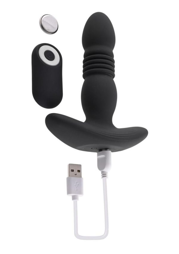 Playboy Trust the Thrust Rechargeable Silicone Thrusting Anal Plug with Remote Control - Black