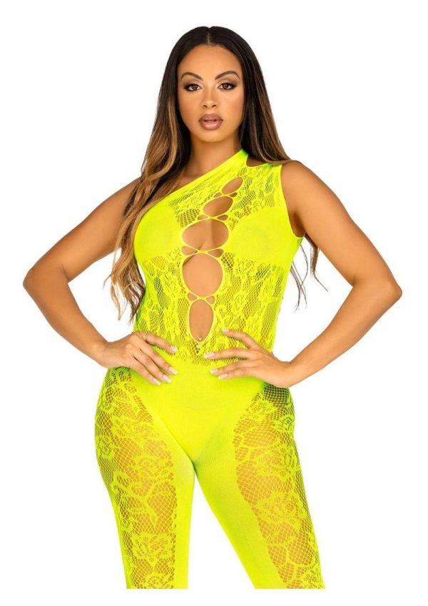 Leg Avenue Floral Lace Convertible Footless Bodystocking with Opaque Panel Detail - OS - Neon Yellow