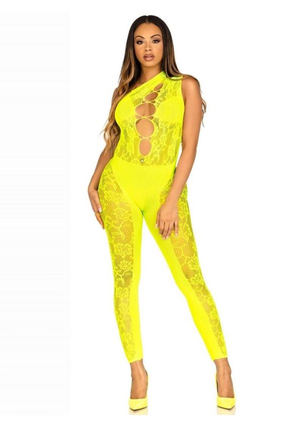 Leg Avenue Floral Lace Convertible Footless Bodystocking with Opaque Panel Detail - OS - Neon Yellow