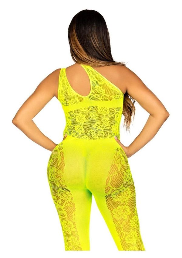 Leg Avenue Floral Lace Convertible Footless Bodystocking with Opaque Panel Detail - OS - Neon Yellow