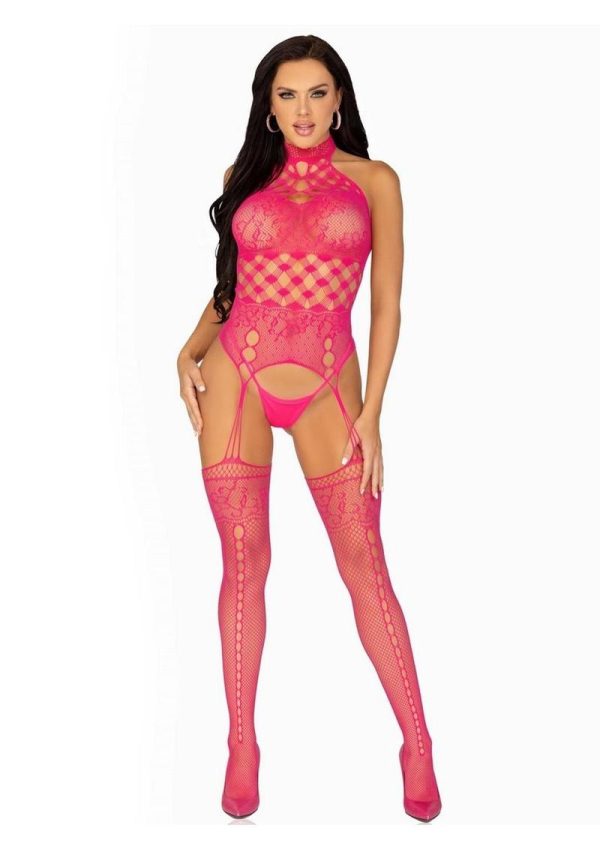 Leg Avenue High Neck Halter Hardcore Net and Lace Suspender Bodystocking - OS - Raspberry