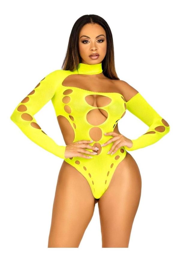 Leg Avenue Seamless Asymmetrical Cut Out Thong Back Bodysuit - OS - Neon Yellow