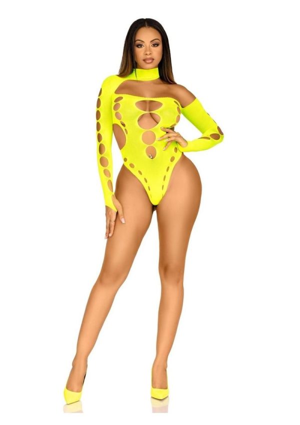 Leg Avenue Seamless Asymmetrical Cut Out Thong Back Bodysuit - OS - Neon Yellow