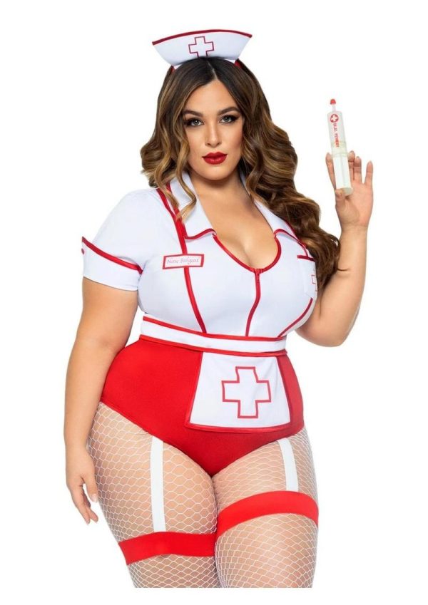 Leg Avenue Nurse Feelgood Snap Crotch Garter Bodysuit with Attached Apron and Hat Headband (2 Piece) - 3X/4X - Red/White