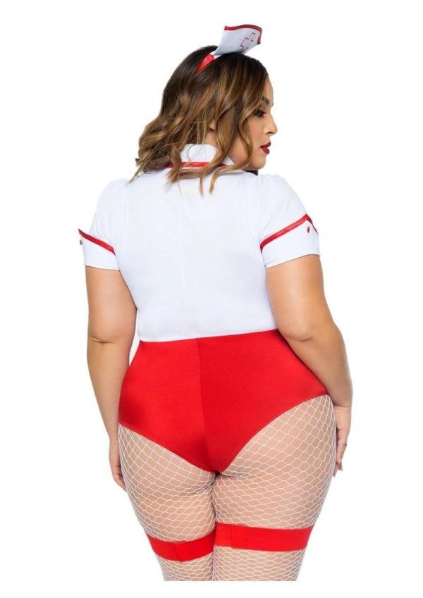 Leg Avenue Nurse Feelgood Snap Crotch Garter Bodysuit with Attached Apron and Hat Headband (2 Piece) - 3X/4X - Red/White