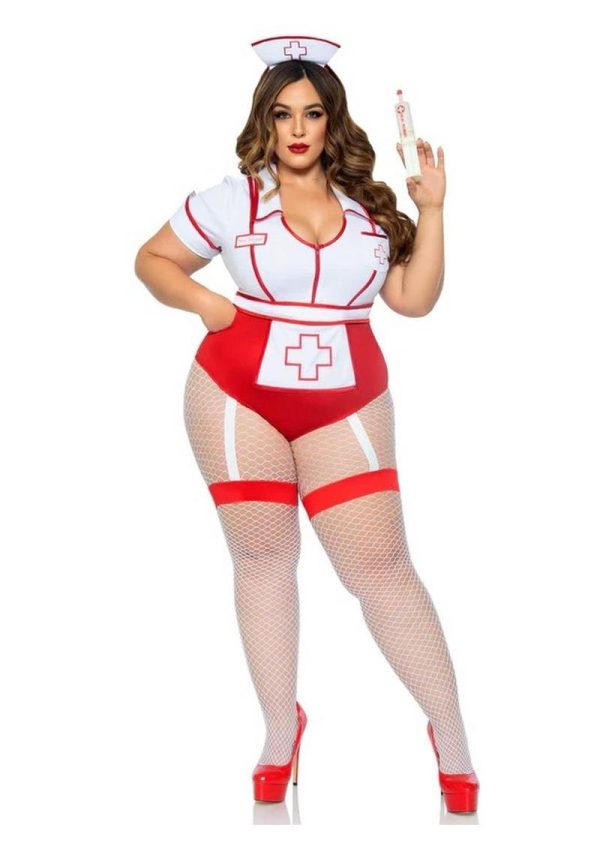 Leg Avenue Nurse Feelgood Snap Crotch Garter Bodysuit with Attached Apron and Hat Headband (2 Piece) - 3X/4X - Red/White