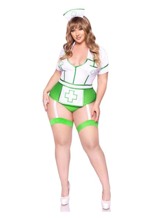Leg Avenue Nurse Feelgood Snap Crotch Garter Bodysuit with Attached Apron and Hat Headband (2 Piece) - 1X/2X - Green/White