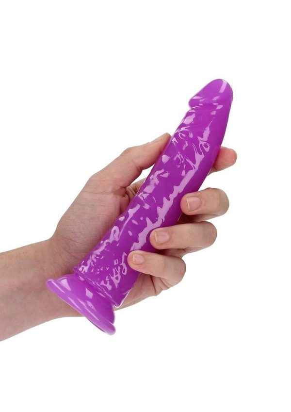 RealRock Slim Glow in the Dark Dildo with Suction Cup 7in - Purple