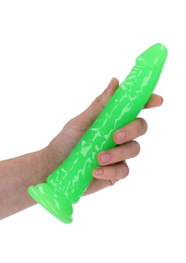 RealRock Slim Glow in the Dark Dildo with Suction Cup 8in - Green