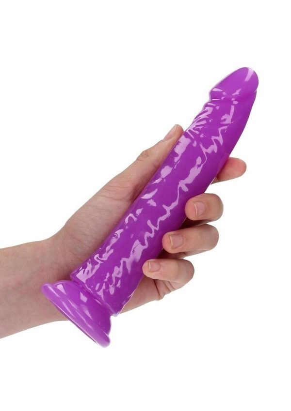 RealRock Slim Glow in the Dark Dildo with Suction Cup 8in - Purple