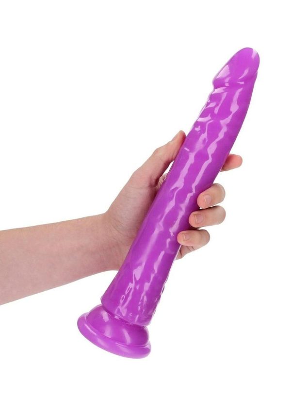 RealRock Slim Glow in the Dark Dildo with Suction Cup 11in - Purple