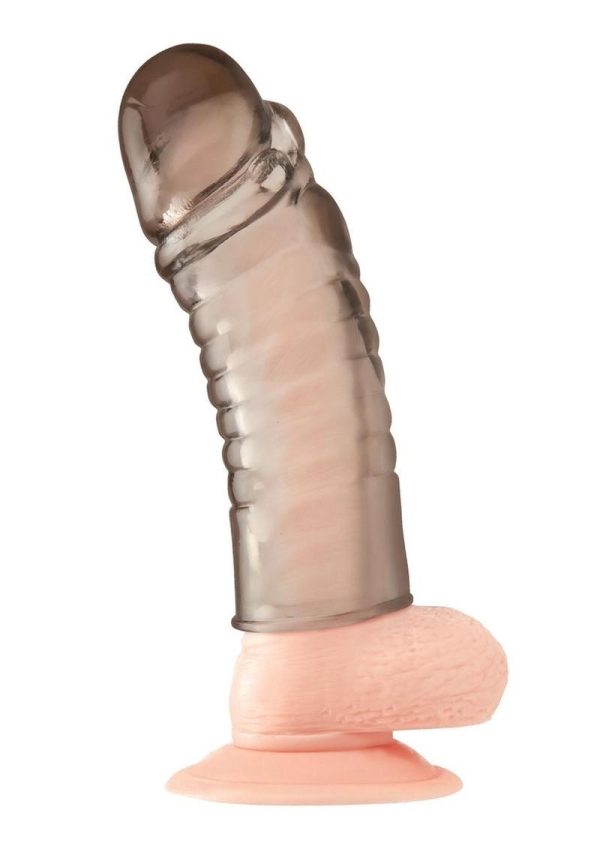 Blue Line Ribbed Realistic Penis Enhancing Sleeve Extension 6in - Smoke