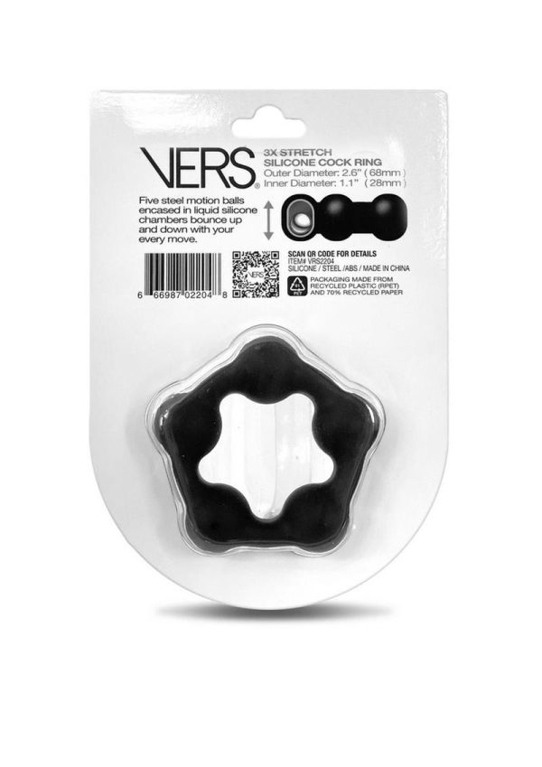 Vers Liquid Silicone Cock Ring Steel Motion Balls - Black