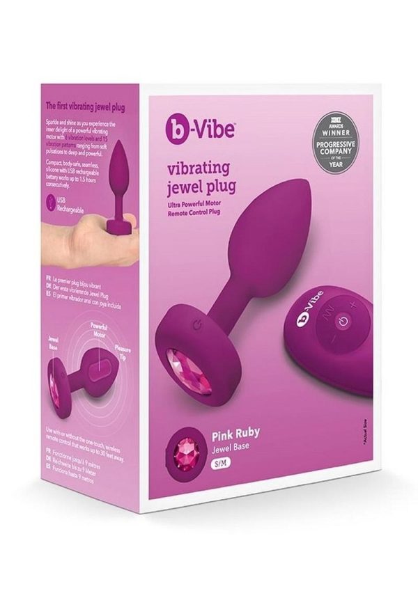 B-Vibe Vibrating Jewel Plug Rechargeable Silicone Anal Plug with Remote Control - Small/Medium - Fuchsia