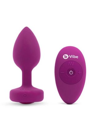 B-Vibe Vibrating Jewel Plug Rechargeable Silicone Anal Plug with Remote Control - Small/Medium - Fuchsia