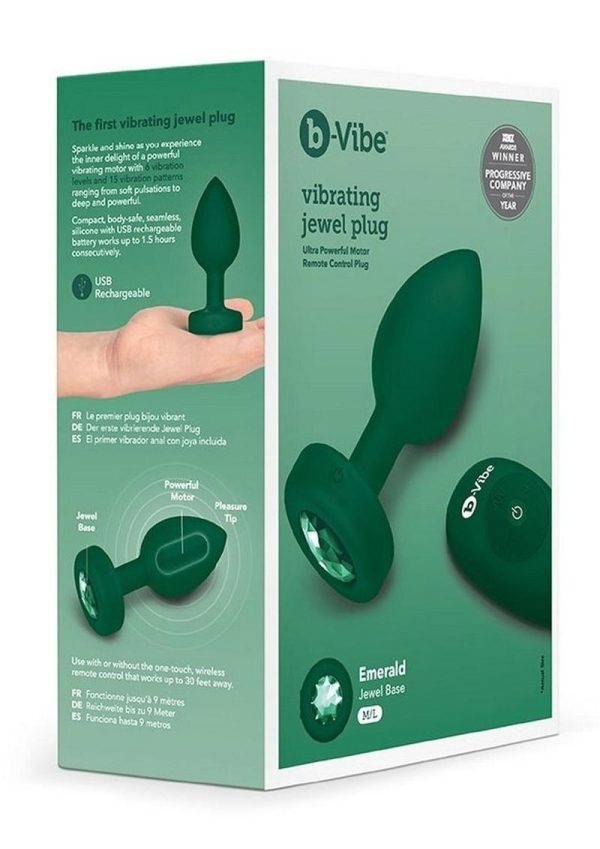 B-Vibe Vibrating Jewel Plug Rechargeable Silicone Anal Plug with Remote Control - Medium/Large - Emerald Green