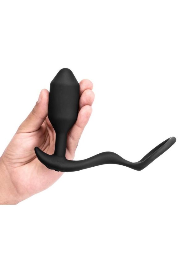 B-Vibe Vibrating Snug and Tug Rechargeable Silicone Cock Ring andamp; Anal Plug - Medium - Black
