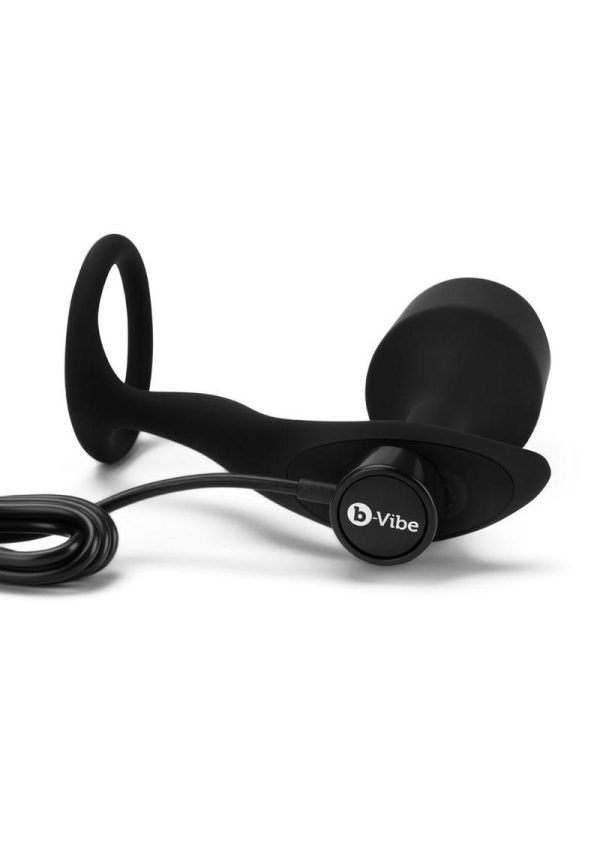 B-Vibe Vibrating Snug and Tug Rechargeable Silicone Cock Ring andamp; Anal Plug - XLarge - Black