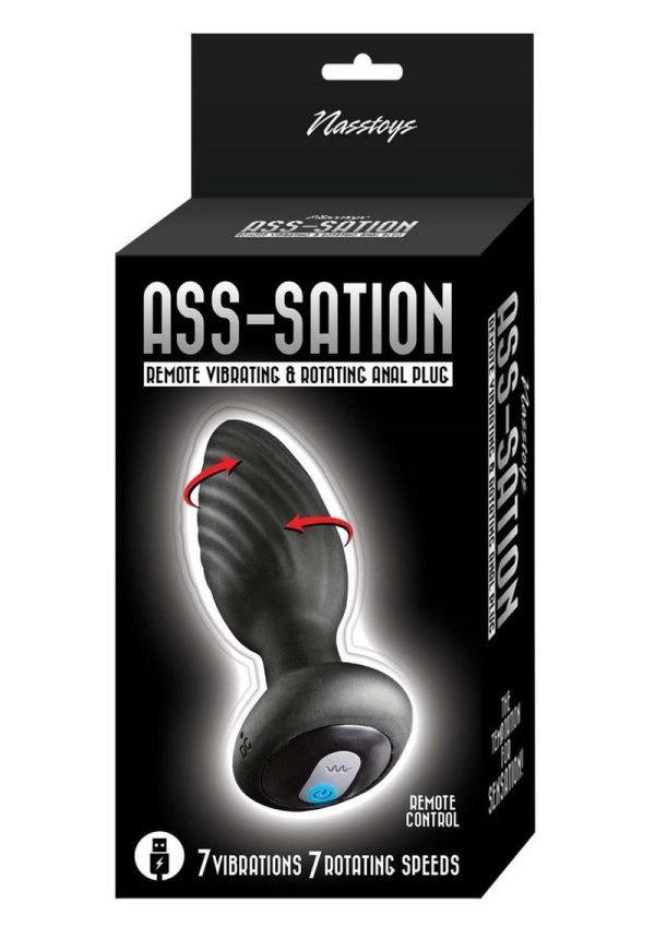 Ass-Sation Vibrating and Rotating Rechargeable Silicone Anal Plug with Remote Control - Black
