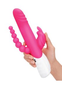 Rabbit Essential Silicone Rechargeable Double Penetration Rabbit Vibrator - Hot Pink