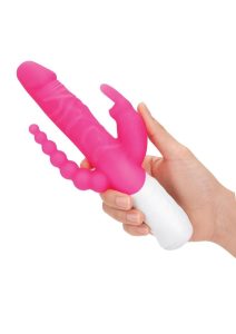 Rabbit Essentials Silicone Rechargeable Slim Realistic Double Penetration Rabbit Vibrator - Hot Pink
