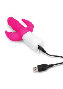 Rabbit Essentials Silicone Rechargeable Slim Realistic Double Penetration Rabbit Vibrator - Hot Pink