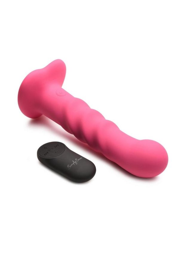 Simply Sweet 21X Vibrating Ribbed Rechargeable Silicone Dildo with Remote Control - Pink