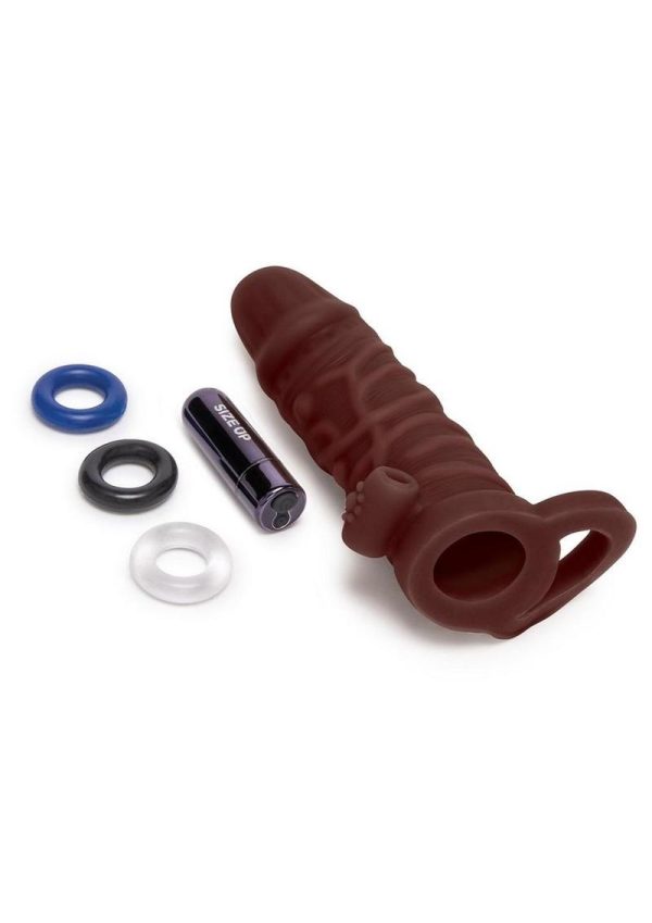 Size Up Silicone Vibrating Realistic Penis Extender with Ball Loop 1in - Chocolate