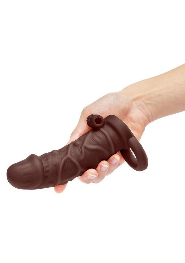 Size Up Silicone Vibrating Realistic Penis Extender with Ball Loop 1in - Chocolate