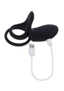 Playboy Just Right Rechargeable Silicone Dual Vibrating Cock Ring with Clitoral Stimulator- Black