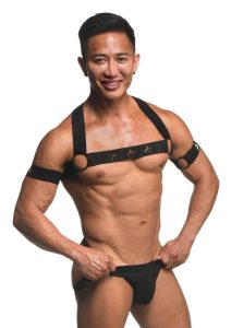 Master Series Rave Harness Elastic Chest Harness with Arm Bands - Small/Medium - Black/Gold