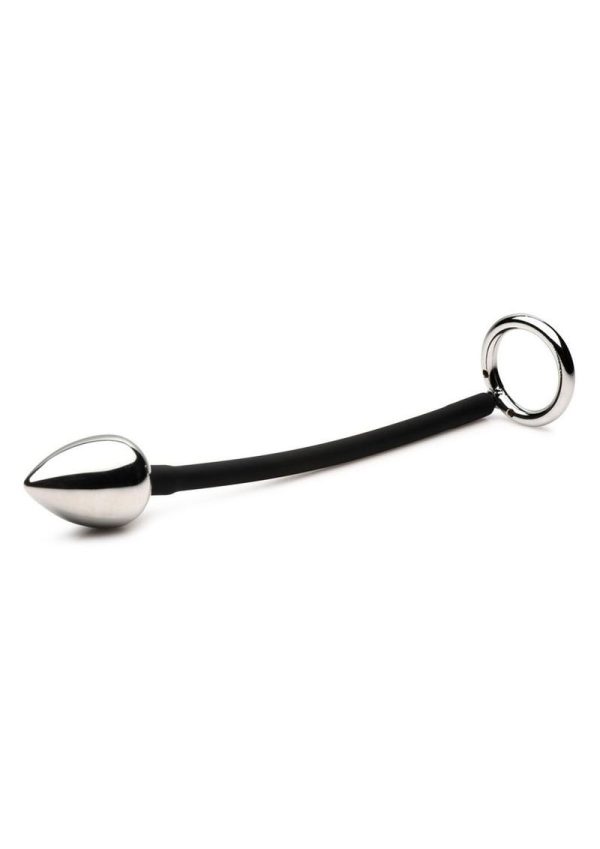 Master Series Tug + Plug Aluminum Cock and Ball Ring with Anal Plug - Black/Silver