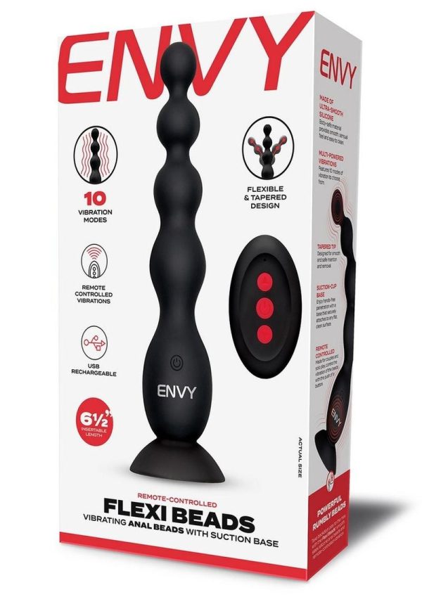 Envy Toys Flexi Beads Rechargeable Silicone Vibrating Anal Beads with Suction Base and Remote Control - Black