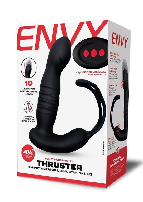 Envy Toys Thruster Rechargeable Silicone P-Spot Vibrator and Dual Stamina Ring with Remote Control - Black