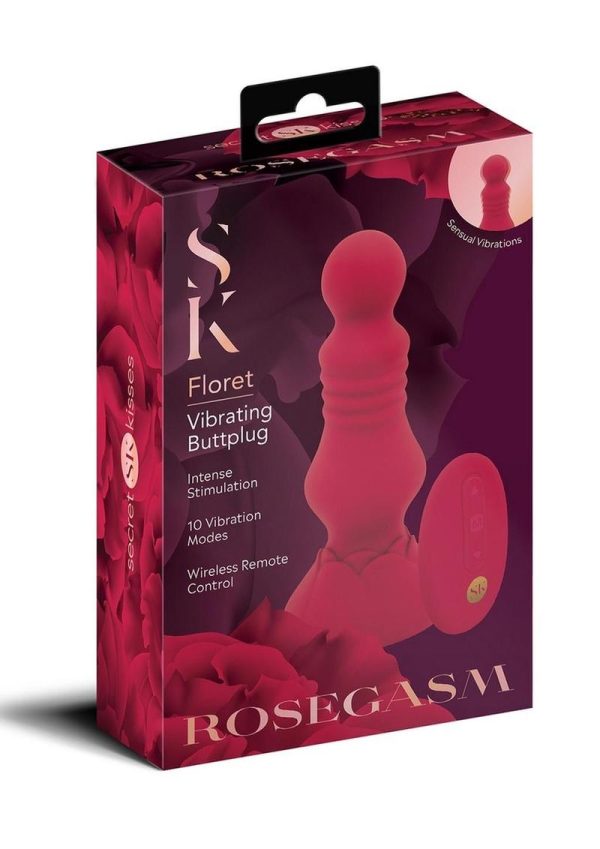 Secret Kisses Rechargeable Silicone Vibrating Floret Buttplug with Remote Control - Red