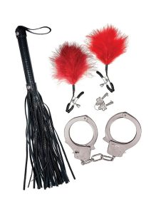 Nasstoys Bondage Whip Feather Clamps and Cuffs Kit - Red