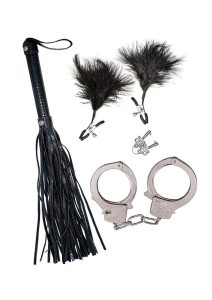 Nasstoys Bondage Whip Feather Clamps and Cuffs Kit - Black