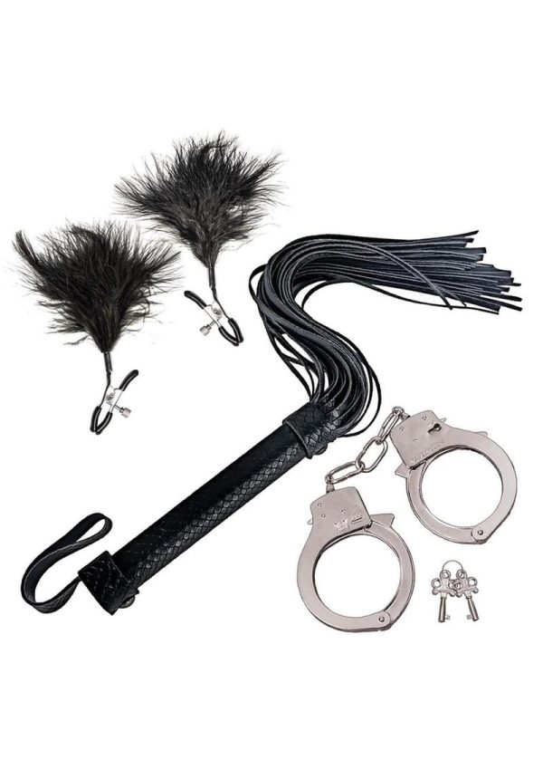 Nasstoys Bondage Whip Feather Clamps and Cuffs Kit - Black