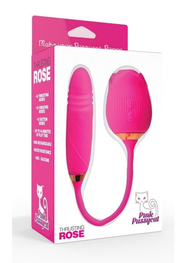 Pink Pussycat Vibrating Thrusting Rechargeable Silicone Rose with Remote Control - Pink