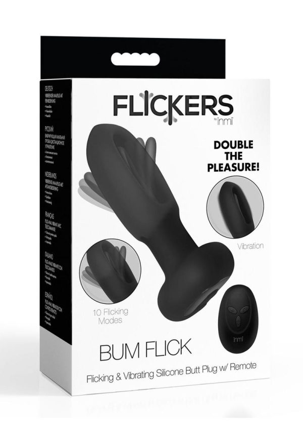 Flickers Bum Flick Flicking and Vibrating Rechargeable Silicone Butt Plug with Remote Control - Black