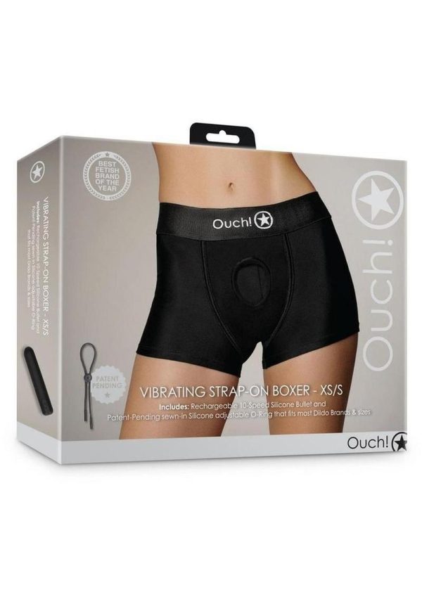 Ouch! Vibrating Strap-On Boxer with Rechargeable Bullet - XS/SM - Black
